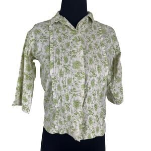 Vintage 50s 60s The Mad Shirter Green Floral Pintuck Blouse Cotton Plisse Small